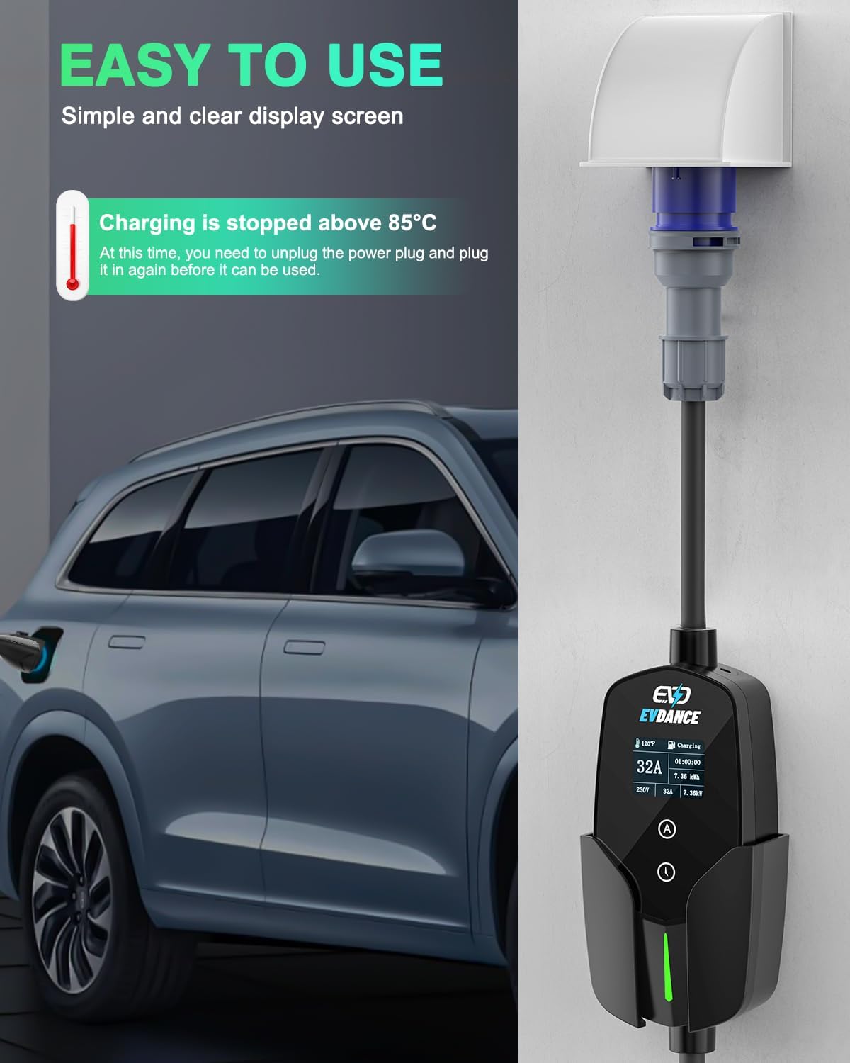 EVDANCE 32A Type 2 EV Charger  - Portable Ev Charger 32A Type 2 Cee Plug recension och pris
